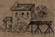 A pencil drawing of an old fabric mill