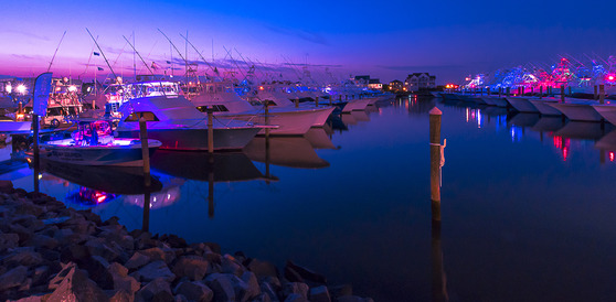 Boats in a row at a marina in Ocean City during the White Marlin Open.