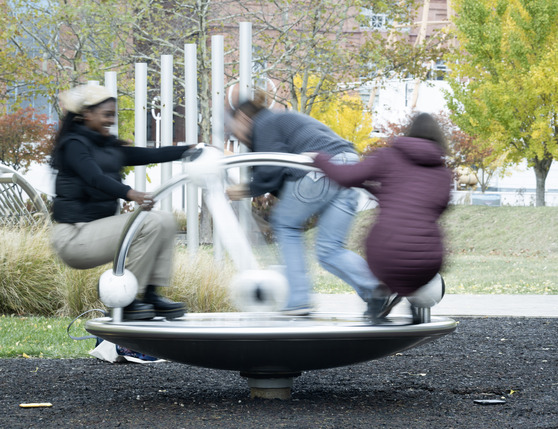 Three individuals on a merry-go-round