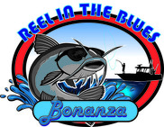 Reel in the Blues logo with illustrated blue catfish and fishing boat