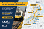 Commuter Choice MD 295 Corridor Pilot Initiative flier with a map of the pilot area, asking employers to work with MDOT