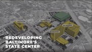 Baltimore State Service Center location map with the words "redeveloping Baltimore's State Center"