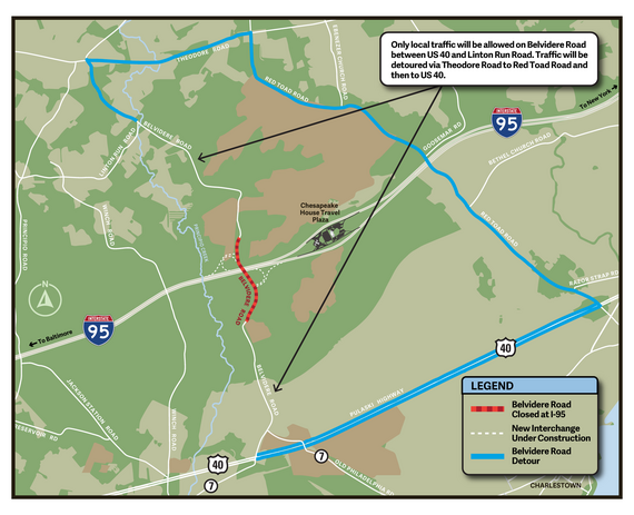 ALT Map showing a red closure on Belvidere Road at I-95 and blue detours via Linton Run Road, with a legend