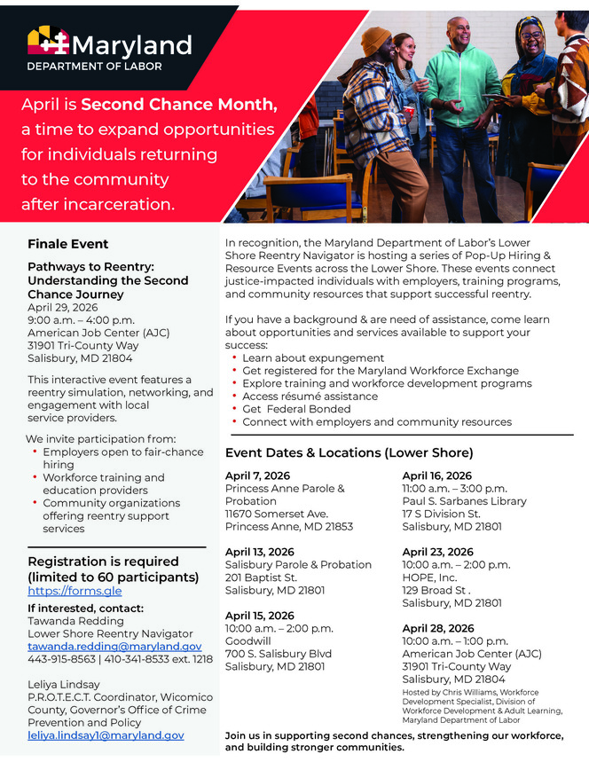 Maryland Department of Labor Second Chance Month Events Flyer