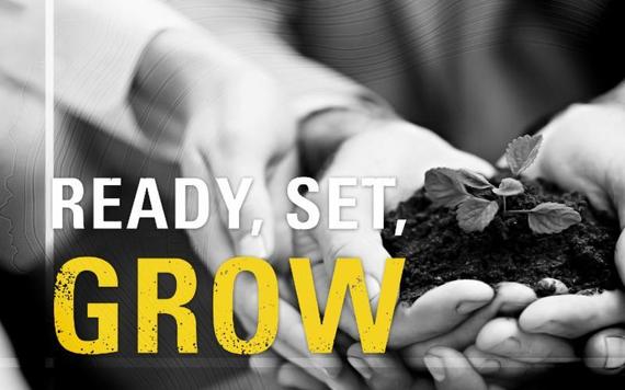 Hands holding seedling, Ready, Set, GROW! logo