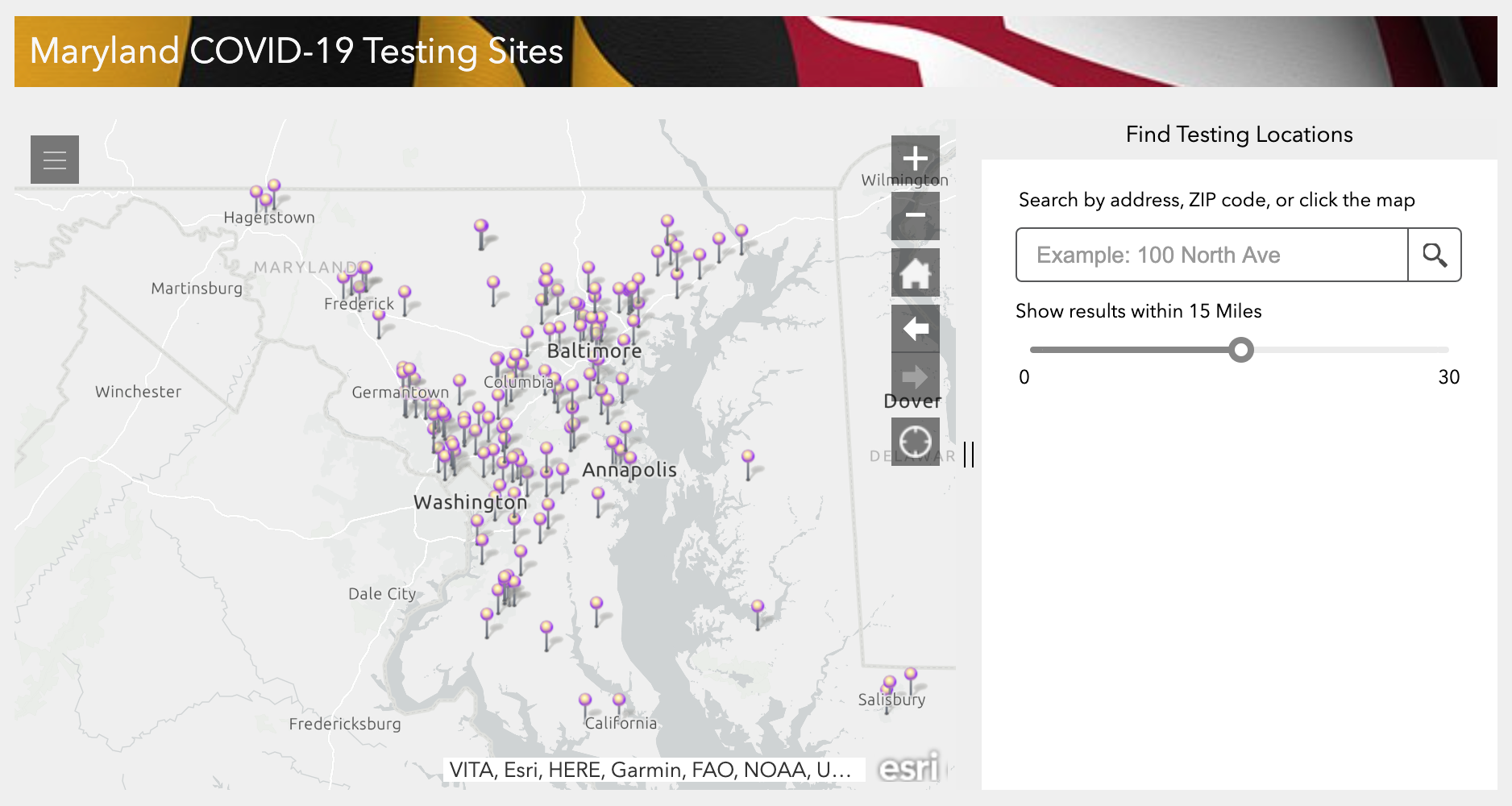 Image of an interactive map: Find a COVID-19 testing site near you. 