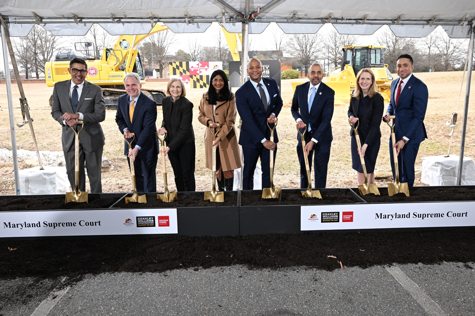 Governor Moore and Lt Governor Aruna Miller holding shovels at groundbreaking