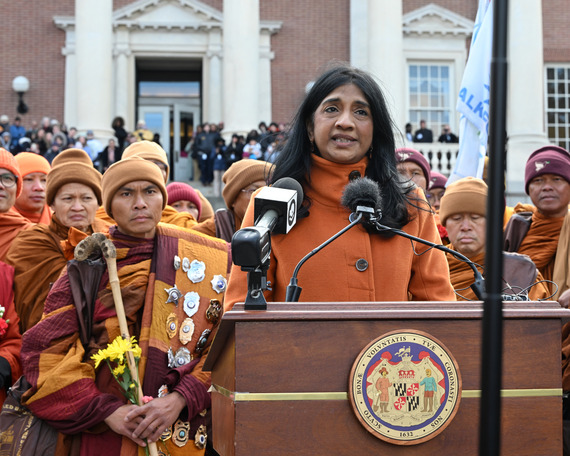 Lt. Governor Aruna Miller welcomes Theravada Buddhist Monks on Walk for Peace to the Maryland State House.
