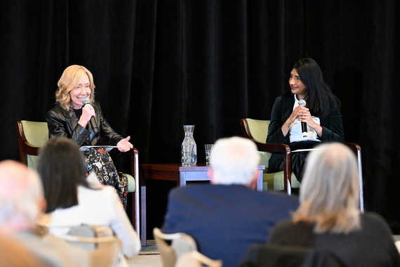Lt. Governor Aruna Miller (right) joins Doris Kearns Goodwin (left) for a fireside chat with the Mental Health Association of Maryland.
