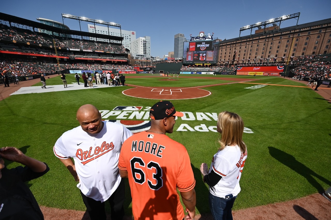Governor Moore, Comptroller Lierman, and Treasurer Davis at Orioles Opening Day Ceremony