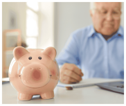 piggy bank, older man calculating