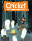Cover of Magazine shows a witch sitting on a tombstone reading a book to several white ghosts in a graveyard.