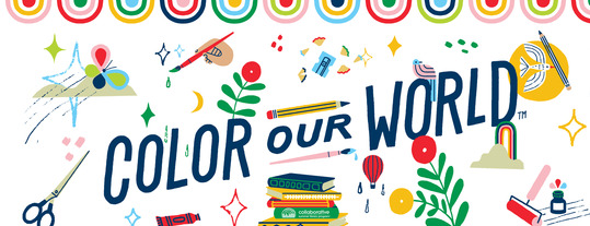 Text: Color Our World. Image: Images of art supplies splashed  around a stack of books. 