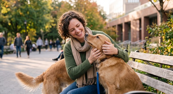 Picture of woman hugging her emotional support Labrador and smiling