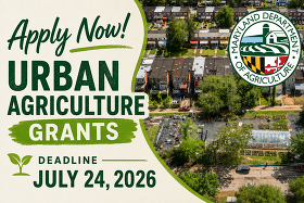 Urban garden and MDA logo with message: Apply by July 24 for Urban Agriculture Grants