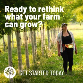 Farm field with a row of trees and woman walking with headline: Ready to Rethink What YourFarm Can Grow?
