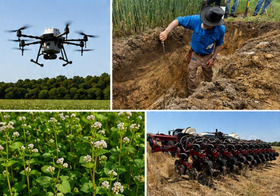 Cover crop showcase featuring a drone, soil pit, cover crop and farm equipment