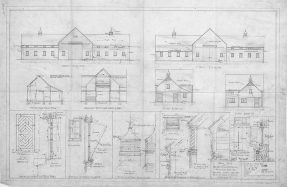 Architectural blueprint showing detailed exterior elevation drawings and structural details for a large dairy barn.