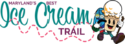 Logo for Maryland's Best Ice Cream Trail featuring a cartoon ice cream cone character hiking with a backpack.