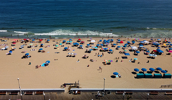 Aerial view of beach with beachgoers on the sand and in the water