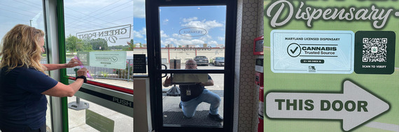 Examples of Cannabis Trusted Source logo signage being placed on dispensary doors.
