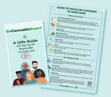 Examples of consumer-facing materials, such as Adult-use cannabis guide posters and pocket guides, that can be found at Maryland dispensaries