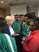Nancy Floreen speaking with students at the youth town hall meeting