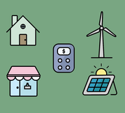 Clip art of renewable energy, a calculator, and homes and small businesses