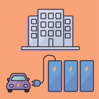 clip art of a multifamily building, and an electric vehicle being charged with battery icons