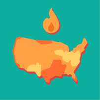 Icon of the United States in orange with a flame above it