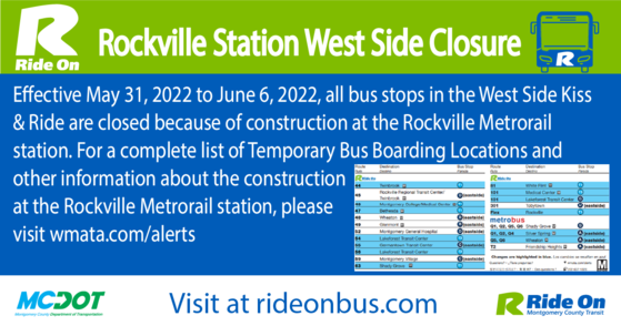Rockville Metro Station West Side Construction and Paving Will Lead to Temporary Bus Stop Closures and Relocations from May 31 through June 6 