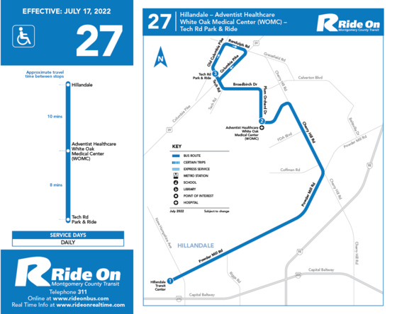 New Ride On Bus Route 27 Service to Adventist Healthcare White Oak Medical Center to Begin Sunday, July 17 