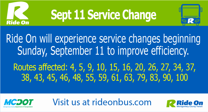 Ride On Bus Schedule to Have Changes on 24 Routes Beginning Sunday, Sept. 11  