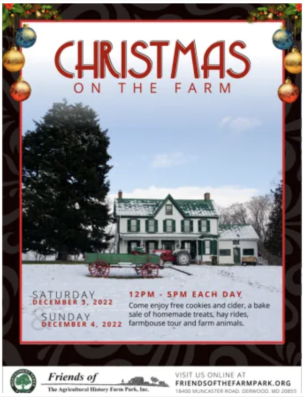 ‘Christmas on the Farm’ Will Be Hosted Dec. 3-4 at Montgomery Agricultural History Farm Park in Derwood 
