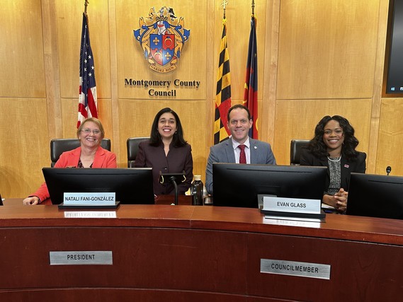 Members of the ECON Committee sit at Council dais. L-R: Councilmember Balcombe, Chair Fani-González, Council President Glass & Councilmember Sayles.