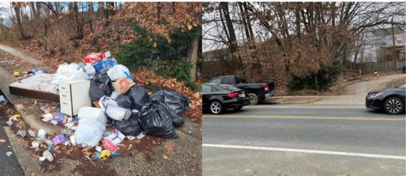 Side by side image. On the left: litter on the side of the road. On the right: clean roadside.