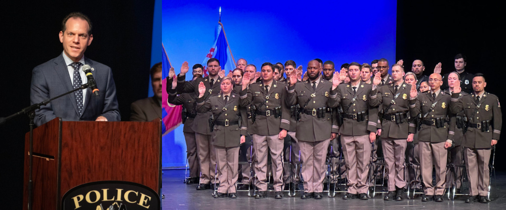 Side by side: Council President Glass speaks at the podium at the Police Academy Graduation. Graduates take oath on stage.