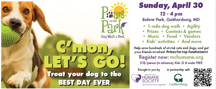 ‘Paws in the Park’ Dog Walk and Festival Will Return to Bohrer Park in Gaithersburg on Sunday, April 30