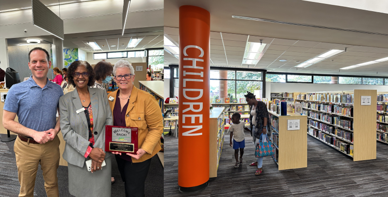 Side by side: CP Glass poses with Ari Brooks and Anita Vassallo; mother and child browse books in the children’s book section.