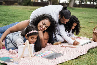 Family on picnic blanket painting pictures