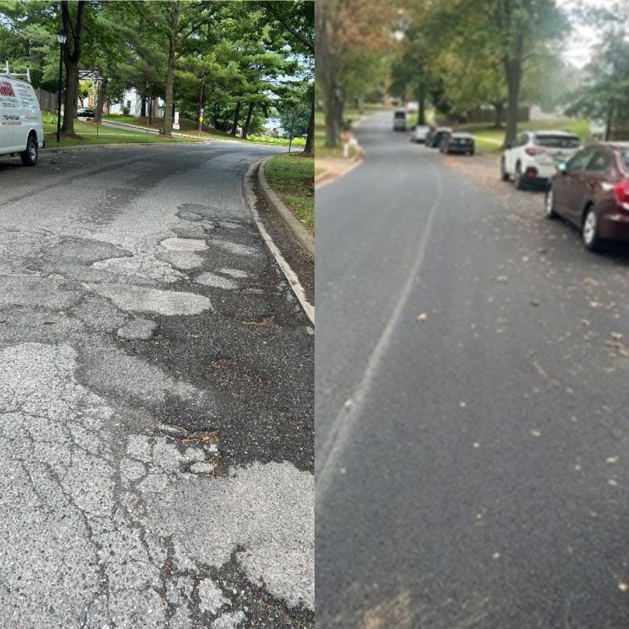 Before and after photos of road pavement in Meadowvale community.