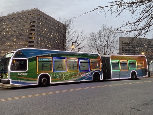 Five Flash Bus Rapid Transit Buses Decorated for Winter Holidays 