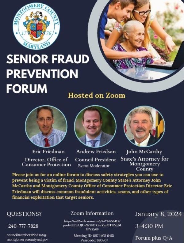 Forum on Senior Fraud Prevention infographic hosted on Zoom with CP Friedson, the Office of Consumer Protection and State’s Attorney.