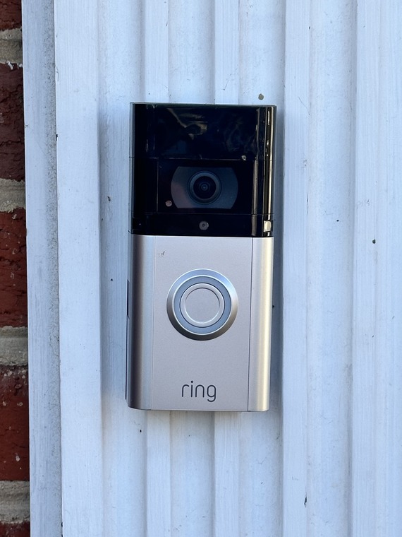 A close-up shot of a Ring security camera
