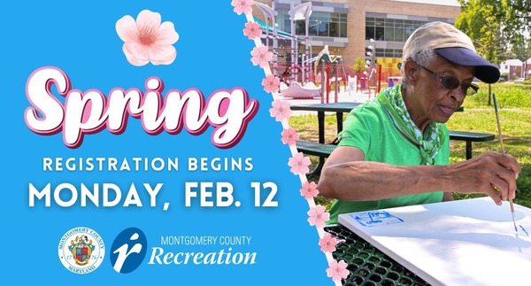 Graphic for MoCo Rec Spring Registration featuring a man painting.