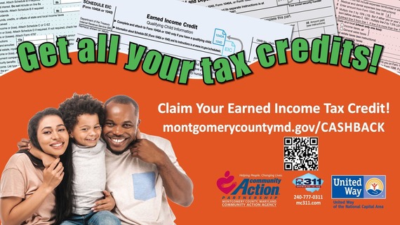 A graphic that says "Get all your tax credits!" White text below reads "Claim Your Earned Income Tax Credit!" and montgomerycountymd.gov/CASHBACK