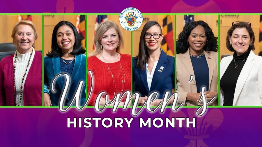 Women's History Month graphic featuring all six Councilwomen.