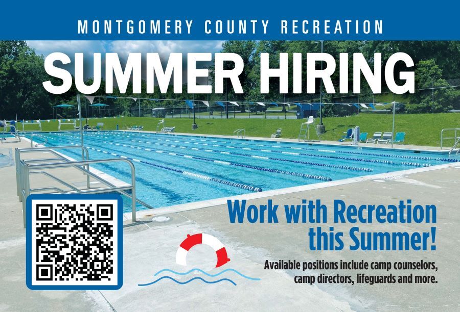 Graphic promoting Montgomery County Rec summer jobs with a swimming pool as the backdrop.