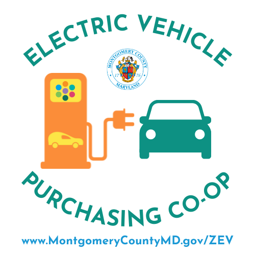 A graphic reading "EV Purchasing Co-Op" with an image of a car plugged in to a charging port
