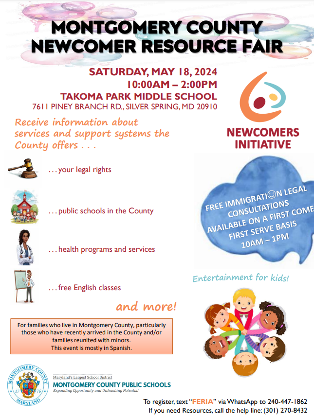 Infographic for the Montgomery County Newcomer Resource Fair.